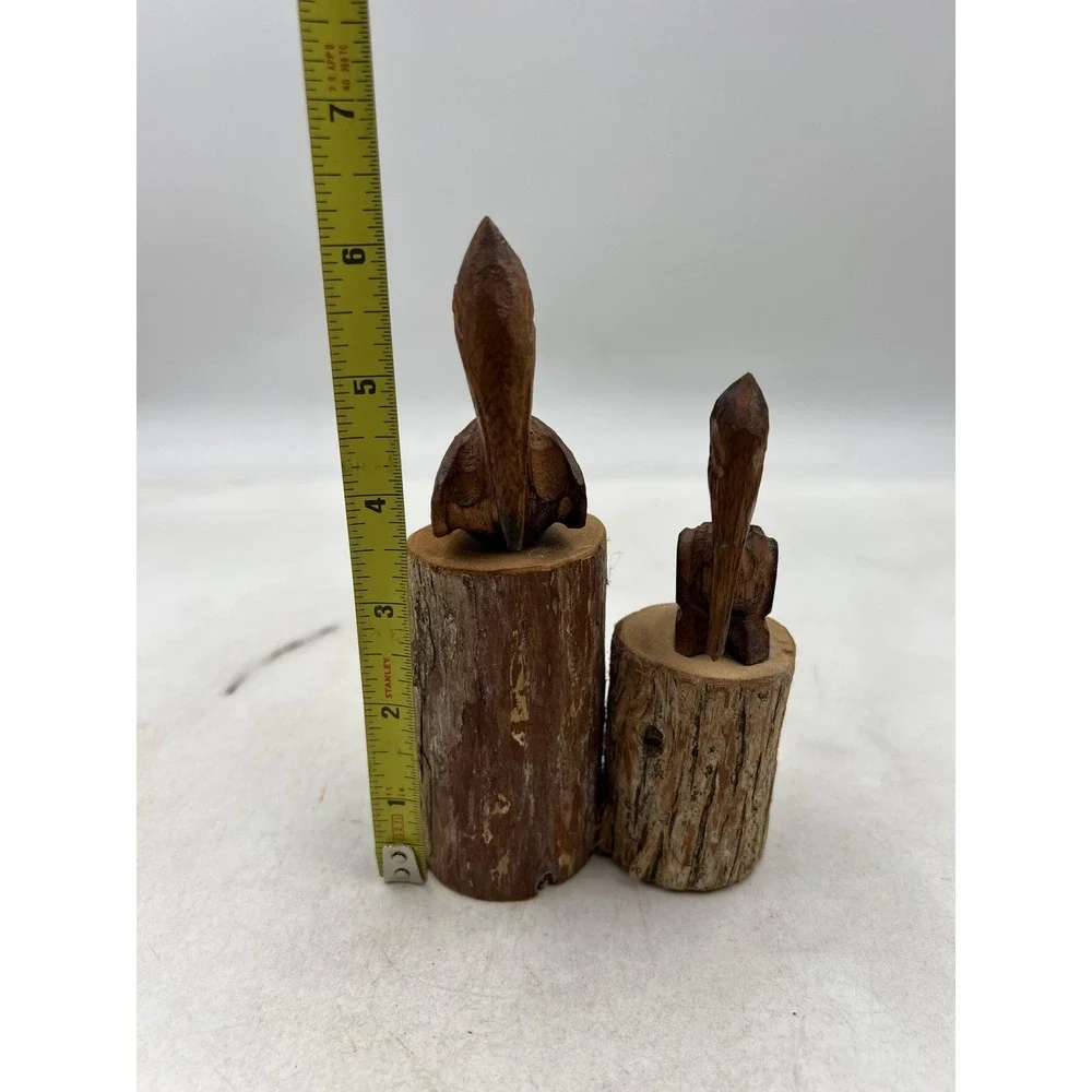 Hand Carved Wood Pelican Pair Figurines on Log Bases Rustic Coastal Folk Art